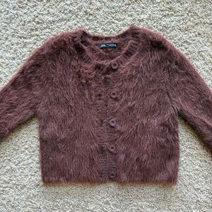 Zara Fuzzy Eyelash Knit Cardigan Shaggy Button Up Sweater Chocolate Brown Medium